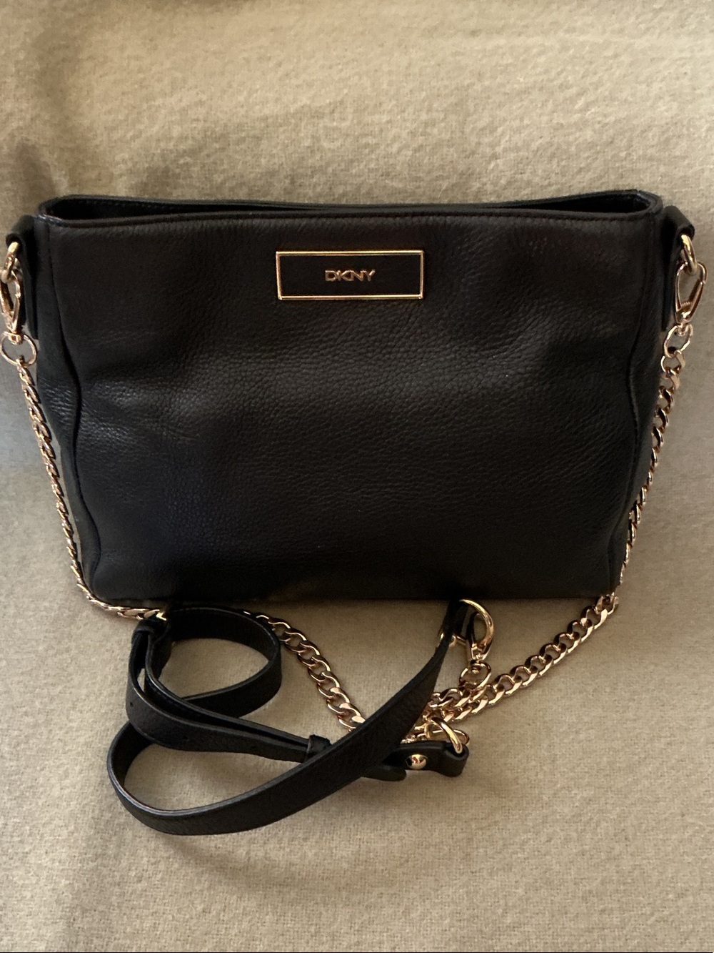 DKNY Black Leather Crossbody with Gold Hardware and Chain Strap